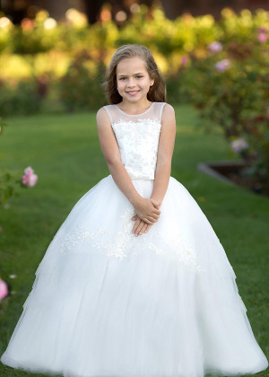Sheer Neck Ivory Lace Tulle Flower Girl Dress Baby Baptism Dress